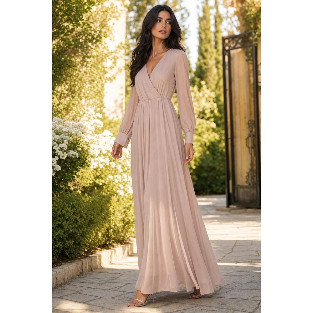 Formal Maxi Dress Women's XL Blush Pink Chiffon Pleated Wedding Guest Elegant